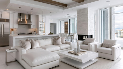 Obraz premium Modern white living room with large sofa, armchairs, open kitchen, city view, natural light, and minimalist decor create bright, inviting