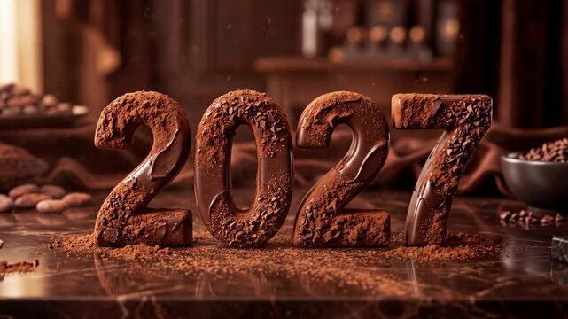 Chocolate numerals forming 2027 on marble surface with scattered cocoa beans and pods. Indulgent sweet treat symbolizing upcoming year in luxurious brown tones