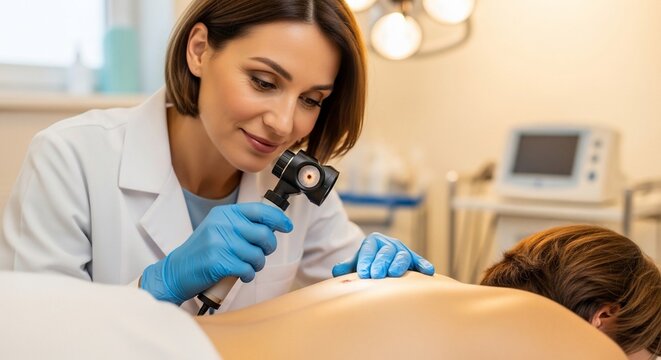 Doctor examining patient skin with dermatoscopy in medical office