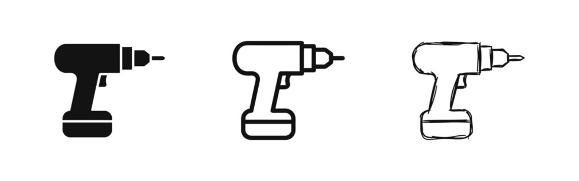 Electric power drill icon set, construction tool, simple silhouette and sketch vector