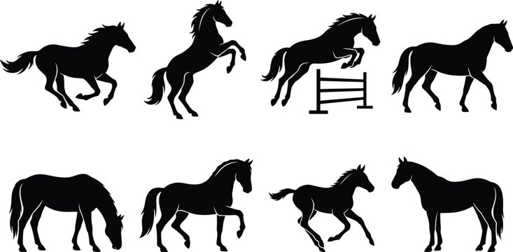 Collection of black horse silhouettes in various action and standing poses