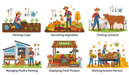 Fototapeta premium Agriculture and farming activities flat vector illustration set