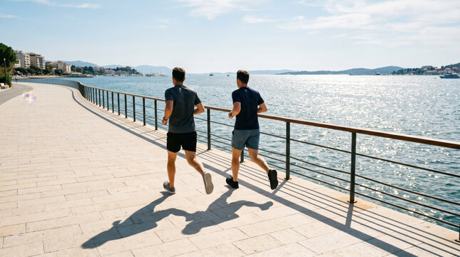 Two men jogging along a waterfront promenade on a sunny day with a scenic view of the ocean and mountains in the background