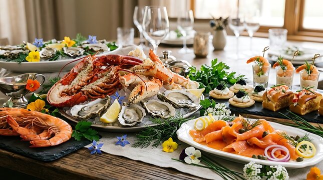 Seafood platter with lobster oysters and salmon served on a table in a restaurant. oceanic buffet spread