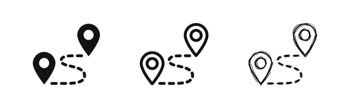 Map location pins with route path icon set, navigation and destination symbol
