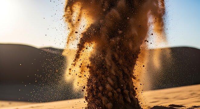 Dust cloud exploding mid air with sunlight and sand dunes background