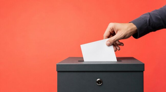 Hand casting a ballot in a black box on a red background