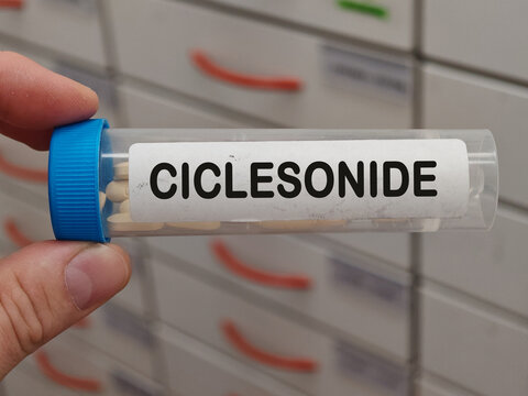 Transparent plastic Box of CICLESONIDE tablets on a hospital pharmacy table used to treat asthma a corticosteroid.
