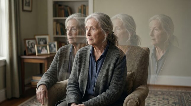 Senior woman sitting in armchair with motion blur effect. Concept of mental health issue, memory loss, dementia, vertigo, dizziness or confusion. Psychological state representation.