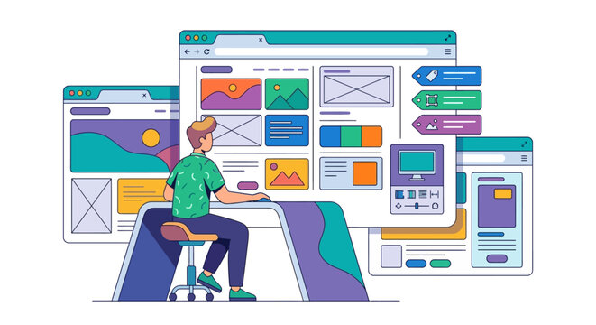 Professional web developer styling and designing website user interface on multiple browser screens flat design vector illustration.