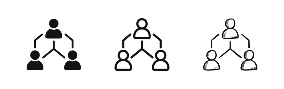 Networking human connection icon set, team group symbol, black glyph, outline and hand drawn sketch style