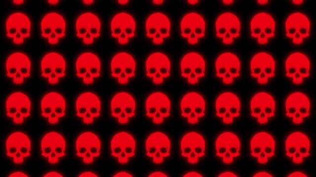 Background of moving red, neon skulls on a black background. 4K