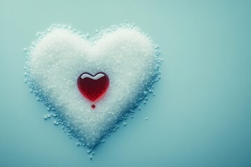 Fototapeta premium A red heart shape made of liquid placed on a bed of white sugar crystals