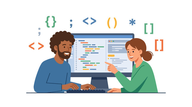 Two diverse collaborative programmers working together on software code at a computer flat design vector illustration.
