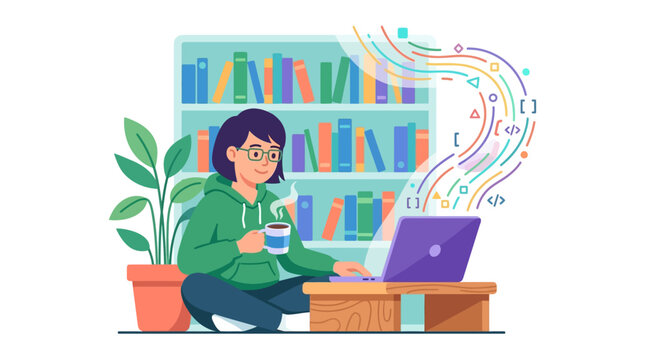 Young female programmer coding on laptop while drinking coffee in home office flat design vector illustration