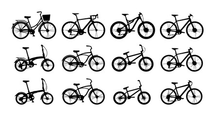 Obraz premium Diverse Bicycle Collection, Vector Icons Set: City, Mountain, Folding Bikes for Transport and Lifestyle
