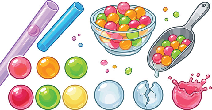 Colorful Candy and Gumball Collection with Sweet Confectionery Spheres Bubblegum Splash and Glass Bowl Illustration