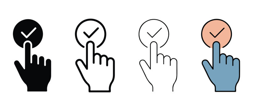 Hand clicking on a checkmark button in different colors and styles for website interface design  various hand icons with checkmark buttons for user interface elements