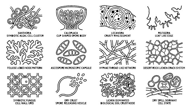 Scientific illustration of lichen and fungus microscopic structures in black and white line art.