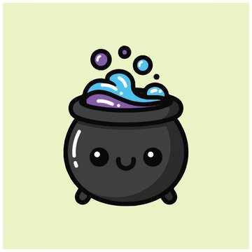 Smiling cartoon cauldron with bubbling liquid.