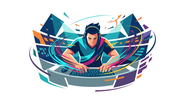 Professional competitive programmer typing fast during coding challenge event vibrant flat design vector illustration