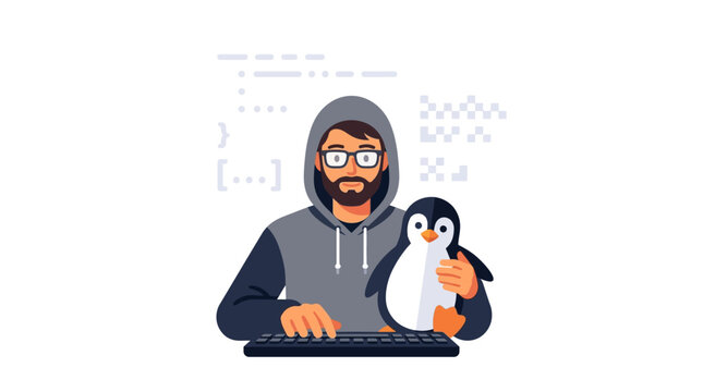Professional developer in hoodie holding penguin mascot while coding on keyboard for Linux software development flat vector illustration
