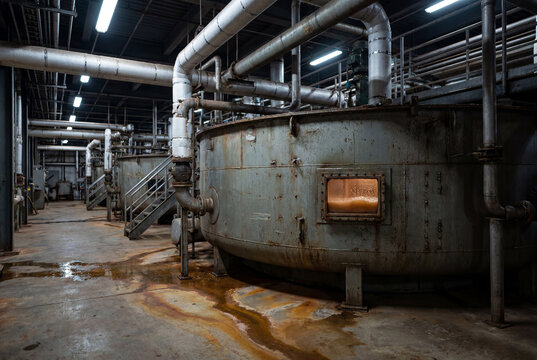 Industrial processing tanks connected by pipe network