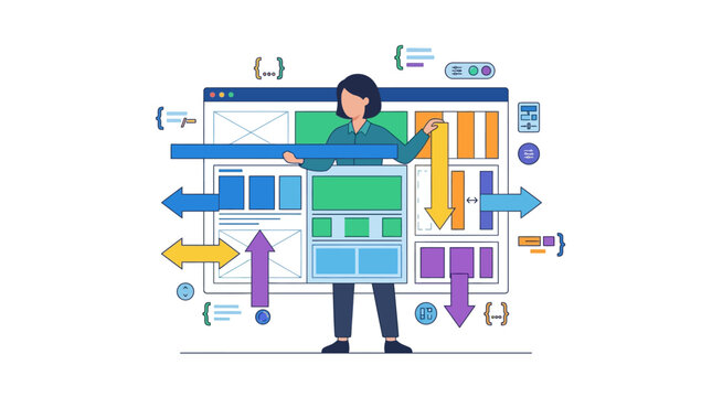 Professional frontend developer organizing website interface components and layout flat design vector illustration.
