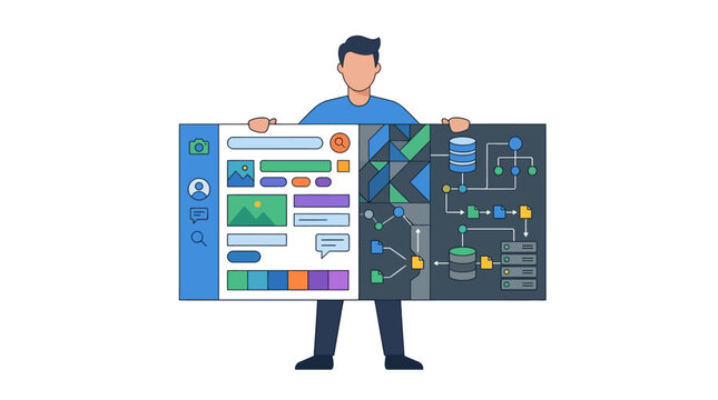 Professional full stack developer holding web interface and backend architecture panel flat vector illustration.