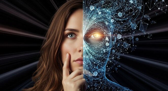 Woman with futuristic digital face technology concept