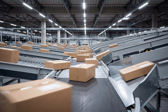 Parcel sorting conveyors inside automated distribution center