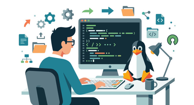 Professional software developer coding on Linux system with penguin mascot and tech icons flat vector illustration.