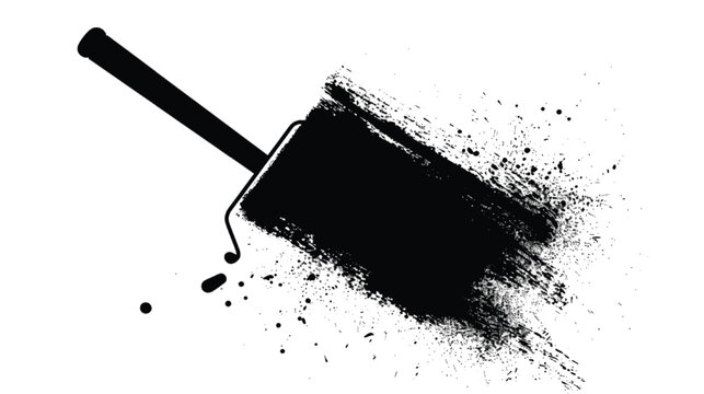 Paint roller creates a textured black ink smear across a plain white surface for artistic projects.