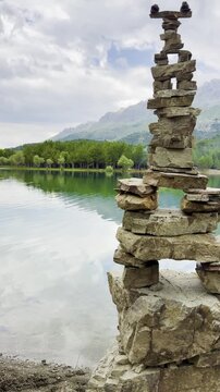 Architectural Zen Stone Art by the Lake with Spring Nature Textures