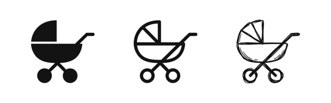 Set of baby stroller icons in different styles, silhouette, outline, and sketch