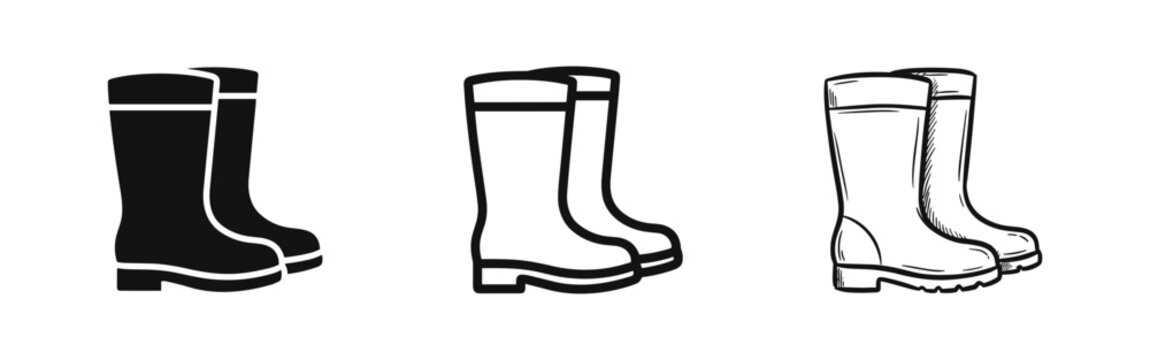 Set of rain boot icons, rubber boots in silhouette, line art, and sketch styles
