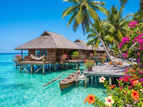 Luxury Tropical Resort with Overwater Bungalows and Turquoise Sea