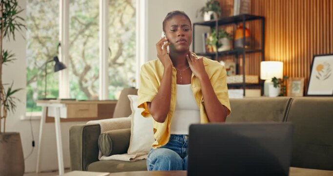Phone call, stress and black woman in home with neck pain, injury and consulting for telehealth. Remote work, overworked and person with strain, pressure or tension on cellphone for healthcare advice