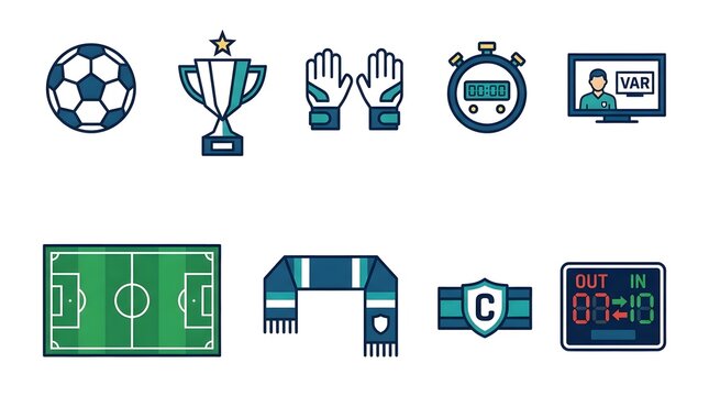 A Set of Professional Soccer Football Icons Featuring Equipment and Match Day Elements for Design.