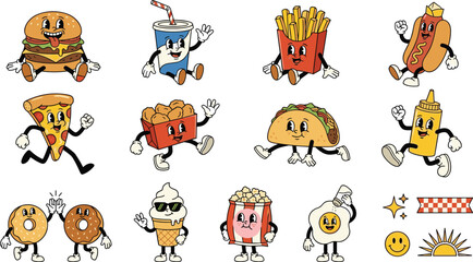 Obraz premium Cute Fast Food Cartoon Character Collection with Burger Fries Pizza Taco and Kawaii Mascot Illustration