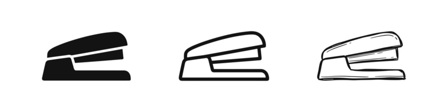 Office stapler icon set in solid, outline, and sketch variations