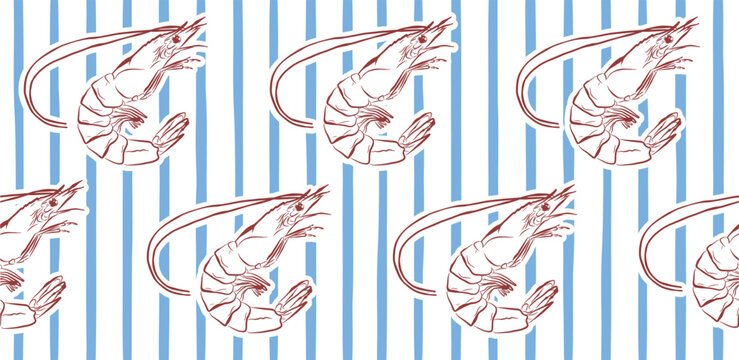 Hand drawn isolated seamless vector pattern of shrimps. Shrimps and langoustines on a white background with blue strips. Seafood, food vintage illustration. ?halk drawing. Chalkboard