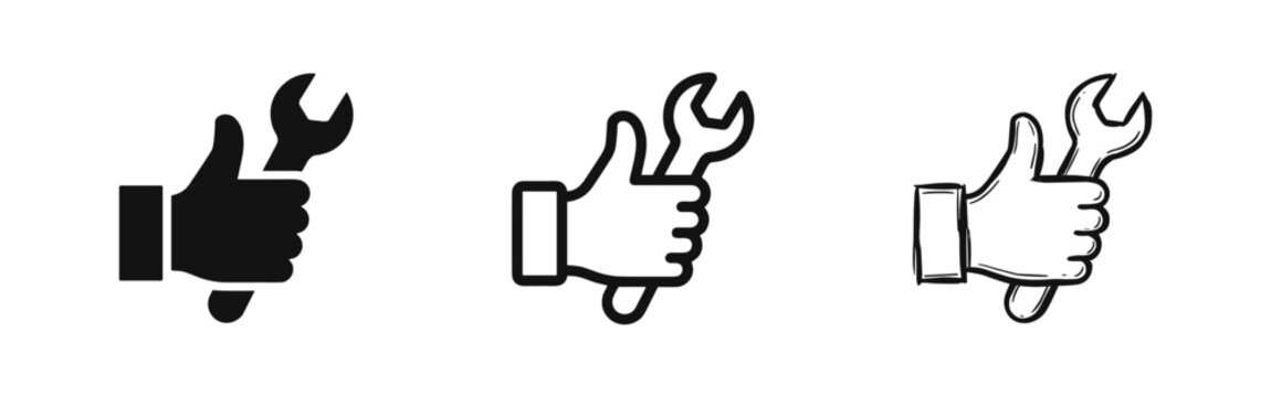 Hand holding a wrench icon set in solid, outline, and sketch styles