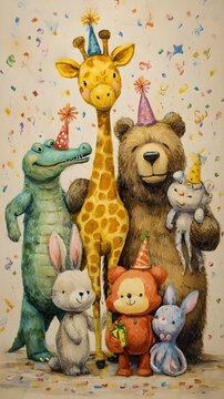 Oil painting watercolor on paper, colorful forest animals jiraffe cocodrile bear rabbit and octupus celebrating in a party with confeti, beige background