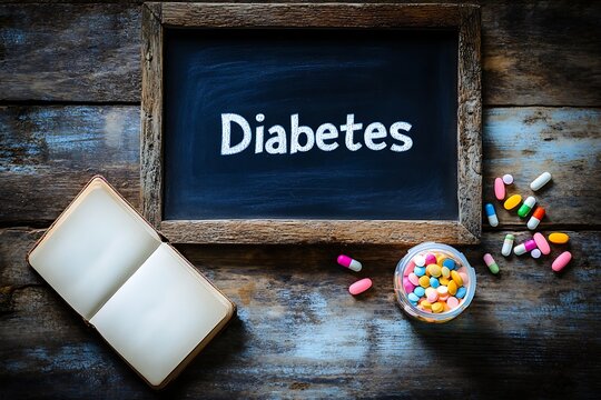 Diabetes written on a chalkboard with an open book and colorful pills