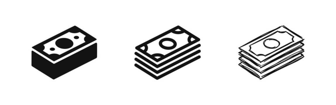 Set of cash money stack icons in solid, outline, and sketch styles