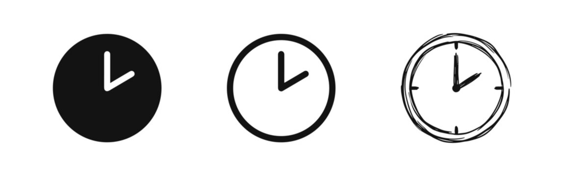 Set of three clock icons in flat, outline, and sketch styles