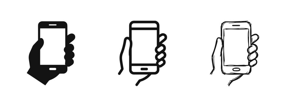Hand holding smartphone icons set in solid, line, and sketch style