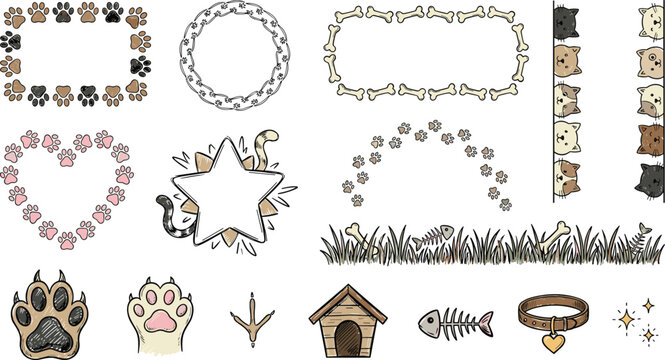 Cute pet themed doodle elements collection with paw prints frames borders and cat accessories vector set