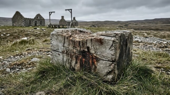 Shattered Wooden Executioner's Block in Rural Historical Setting